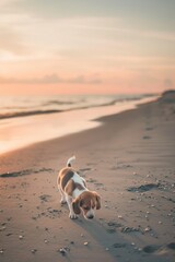 Beagle puppy walking alone on the beach at sunset.