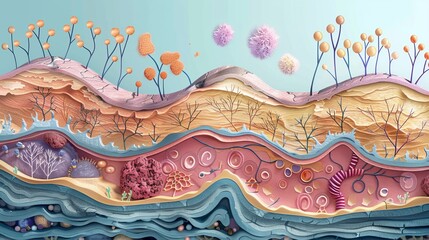 View cross-sectional of skin showing layers and cellular components, educational graphic, clear labels