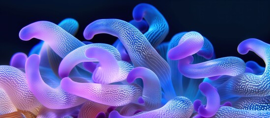 Fototapeta premium Bioluminescent sea anemone tentacles in vibrant blue and purple hues, captured in a macro close-up marine scene.