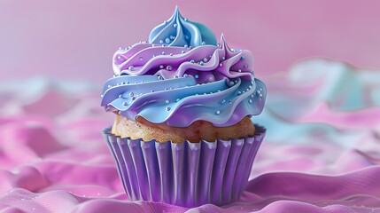 Close-up of a single purple and blue frosted cupcake with sprinkles on a pink background.