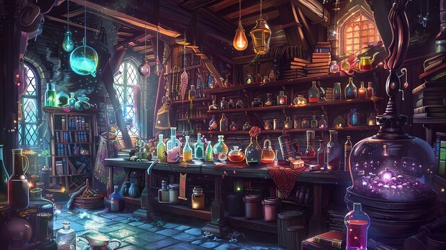 Mystical alchemy lab with colorful potions and glowing orbs.