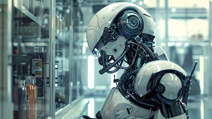 A futuristic robot conducts scientific research in a high-tech laboratory.