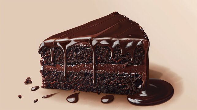 A slice of delicious chocolate cake with rich frosting and a decadent chocolate glaze.