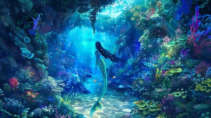 Fototapeta premium A mermaid with flowing black hair swims in a vibrant underwater cave with colorful coral and fish.