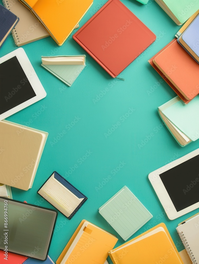 Fototapete A top view of various tablets and e-readers surrounding a teal surface, showcasing modern digital learning materials and e-books. Generative AI