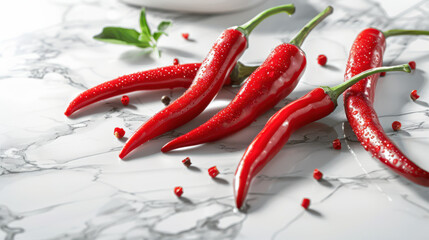 vibrant red chili peppers arranged on a white marble surface