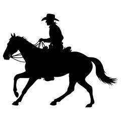 cowboy rider riding a horse. wild west figure illustration of a guy riding a horse wearing a cowboy hat and lasso. 