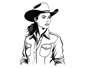 Woman with a cowboy hat. beautiful cowgirl portrait illustration silhouette. southern wild west woman. 