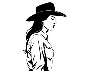 Woman with a cowboy hat. beautiful cowgirl portrait illustration silhouette. southern wild west woman. 