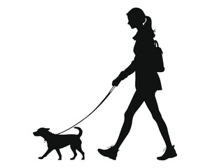 silhouette of a girl walking a dog. woman pet owner. lady with dog on leash illustration.