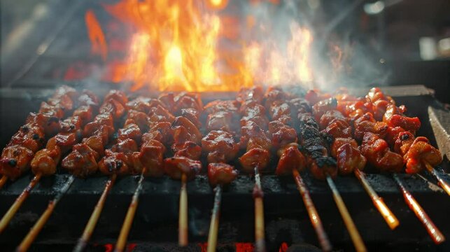 
grilling satay for a family meal on a beautiful evening. seamless looping time-lapse virtual 4k video Animation Background.