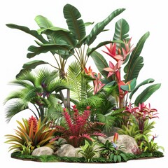 Fototapeta premium Lush tropical plants and vibrant flowers in a picturesque garden setting create a beautiful exotic landscape.
