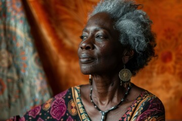 Obraz premium Senior black woman with grey hair and colorful clothing looking up and posing on an orange background