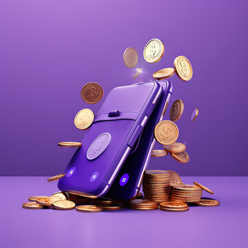 Mobile phone with bitcoin sign and coins on purple background. Vector illustration