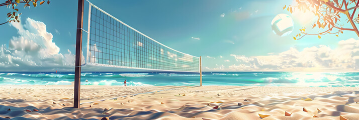 Beach background with beach volleyball net and a game in progress.