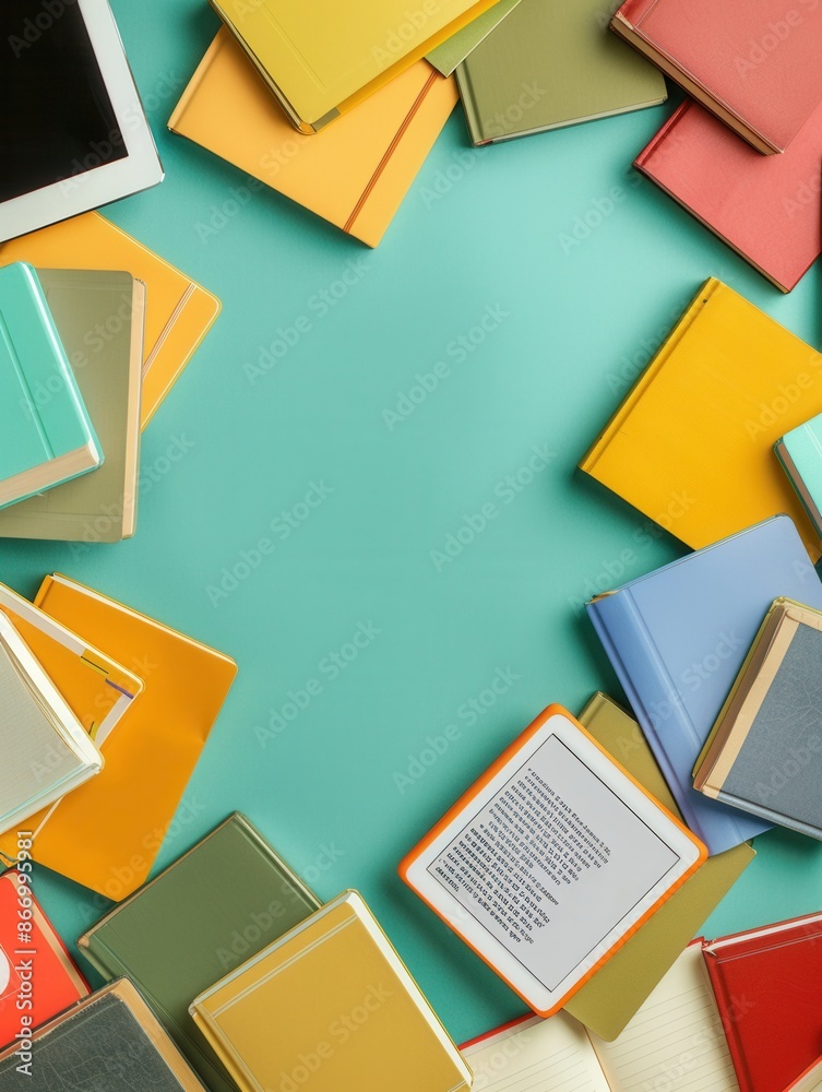 Leinwandbilder a flat lay image of e-readers and tablets displaying educational materials, surrounded by colorful b