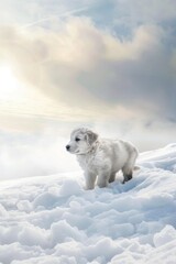 Obraz premium Kuvasz dog standing in the snow, looking ahead with curious expression.