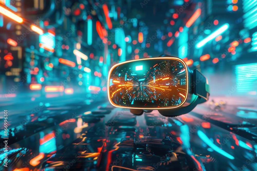 Poster a futuristic vr headset sits on a digital platform, showcasing the immersive potential of virtual re
