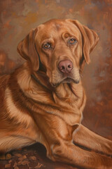 Close-up of a Labrador dog with expressive eyes on beige background.