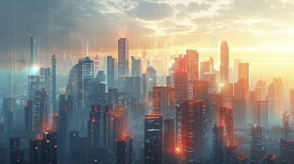 Fototapeta premium Display urban air quality using a cityscape with monitoring tools and visual cues of pollution levels, highlighting the need for clean air efforts.