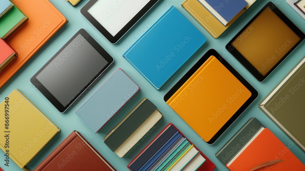 Aufkleber a flat lay of tablets and e-readers displaying educational materials and e-textbooks, showcasing the