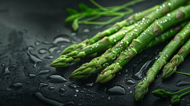 Fresh asparagus spears being washed, with water droplets captured in mid-air, A close-up shot and full shot of a Asparagus with droplets of water