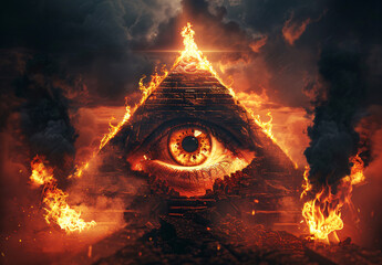 Eye of illuminati pyramid with fire torches, hyper realistic photography