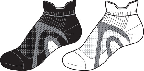 Ankle Sock tech pack template flat sketch fashion illustration mock up cad drawing for unisex men's and women's running sock design. 