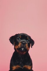 Obraz premium Rottweiler puppy posing against a plain pink background.