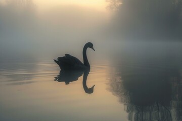 Fototapeta premium Black swan swimming on lake during foggy sunrise with reflection in water