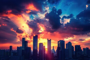 Fototapeta premium A stunning view of a city skyline with skyscrapers silhouetted against a vibrant sunset sky. Generative AI
