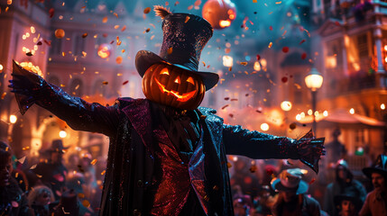 Man with pumpkin head costume wearing a top hat at an elegant Halloween party celebration