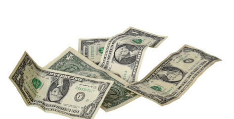 High angle view of crumpled scatterred US one dollar paper money cash bills isolated cutout on...