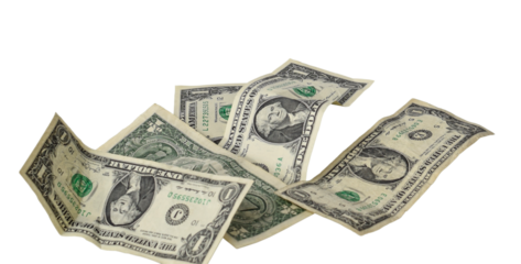 High angle view of crumpled scatterred US one dollar paper money cash bills isolated cutout on transparent