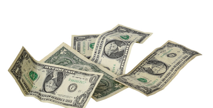 High angle view of crumpled scatterred US one dollar paper money cash bills isolated cutout on transparent