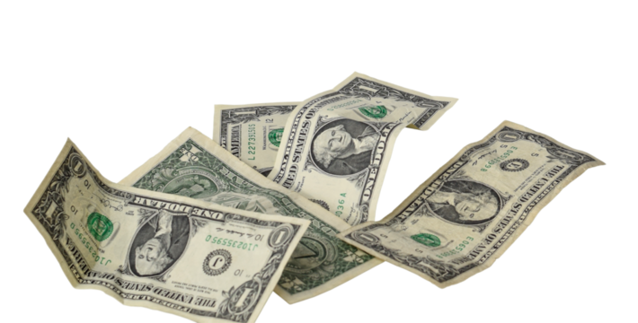 High angle view of crumpled scatterred US one dollar paper money cash bills isolated cutout on transparent