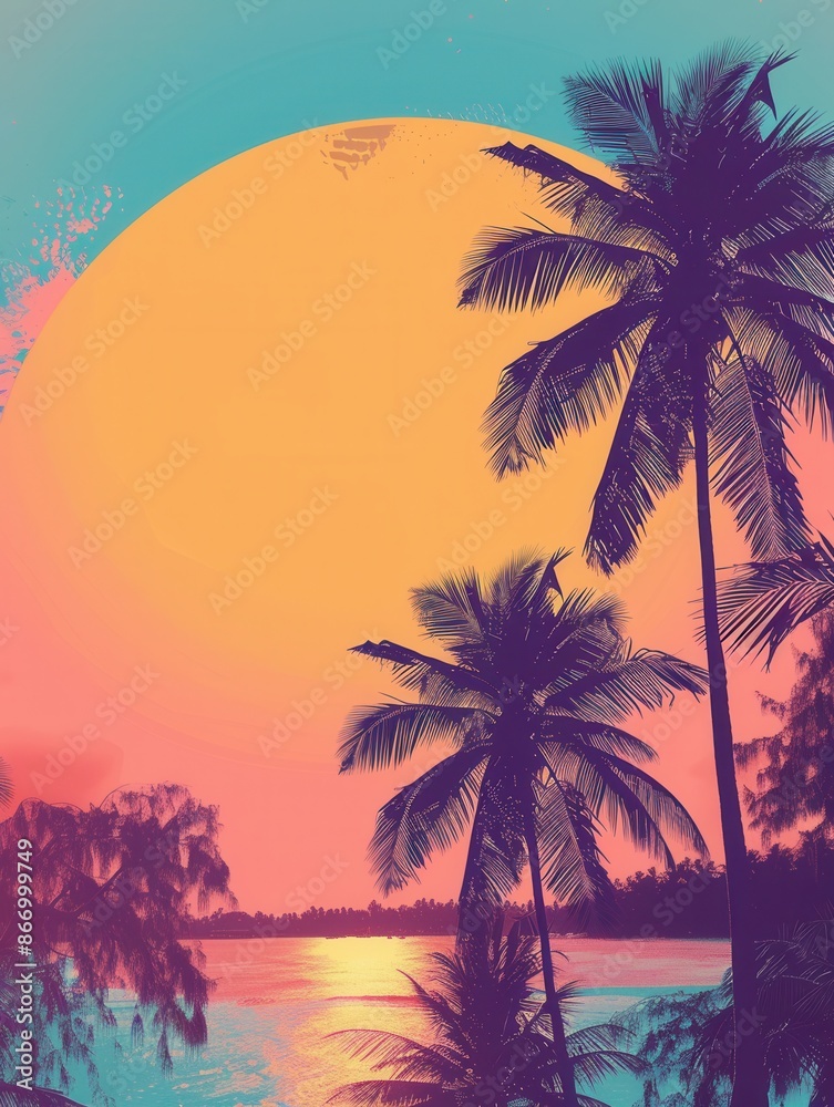 Poster a minimalistic and colorful image showcasing silhouettes of palm trees against a bright sunset over 