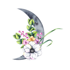 Blooming watercolor moon with bouquet with anemones, berries. Floral botanical bouquet with moon for designing cards, invitations, printing, etc.