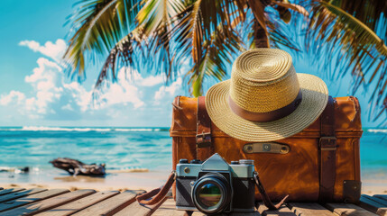 Obraz premium a travel setup featuring a straw hat, retro camera, and brown leather suitcase on a wooden table at the beach