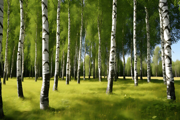 Obraz premium Autumn landscape with river and birch forest. Digital painting.