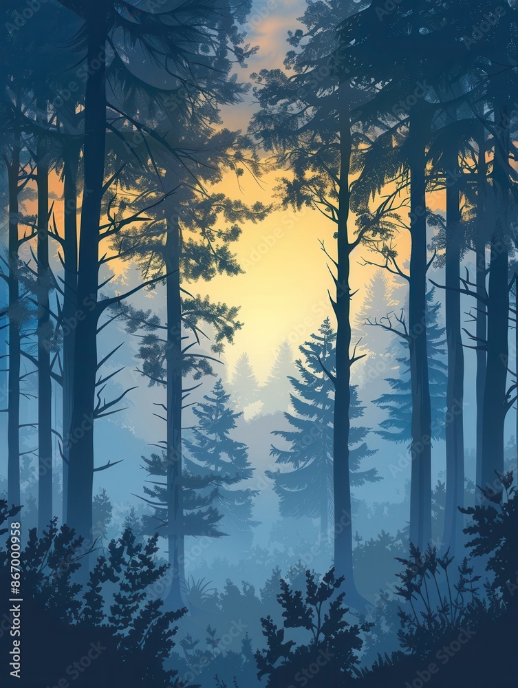 Poster A tranquil forest scene at dawn, with sunlight illuminating the trees and mist creating a magical atmosphere. Generative AI