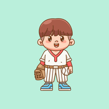 recommend clip art: Cute Baseball player with glove and ball kawaii chibi character mascot illustration outline style design