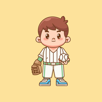 recommend clip art: Cute Baseball player with glove hold ball kawaii chibi character mascot illustration outline style design