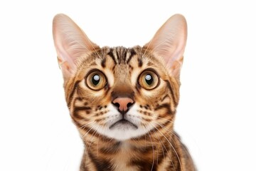 Curious bengal cat looking up at camera on white background for animal lovers and pet owners