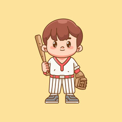 Cute Baseball player with bat and glove kawaii chibi character mascot illustration outline style design