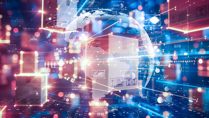 High-tech warehouse with interconnected global logistics network