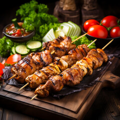Grilled pork shish kebab on skewer with vegetables