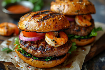 Burgers with shrimps and prawns on wooden board.