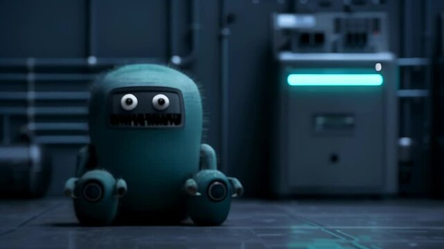 Cute teal robot with large round eyes sits on floor of dimly lit room. Compact body with short arms and legs. Mysterious glow from unseen source. 