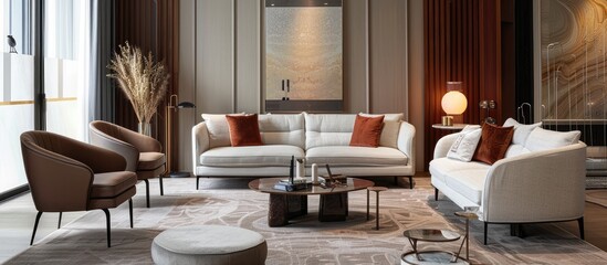 Comfortable sofa and armchairs in a stylish living room interior